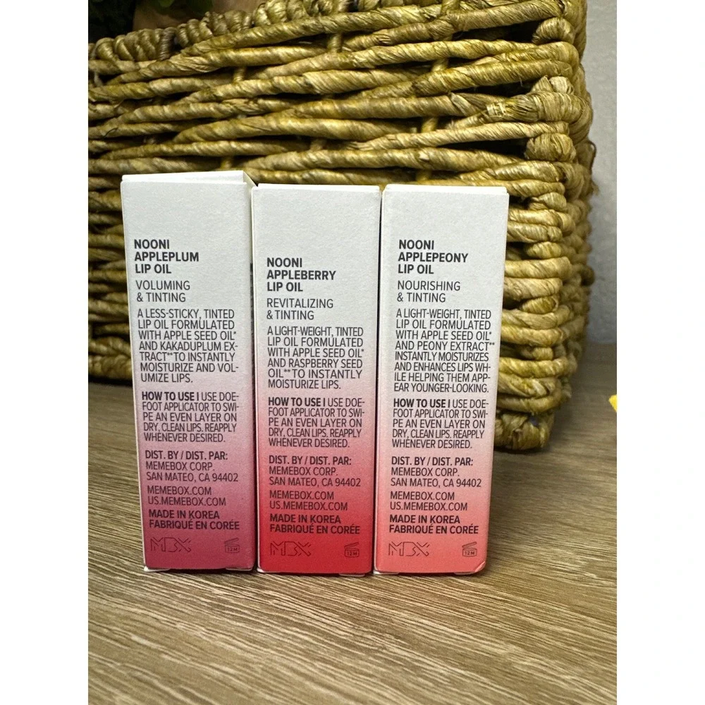 Nooni Apple Lip Oil Set of 3 Appleplum Appleberry Applepeony 3.7ml Each NEW
